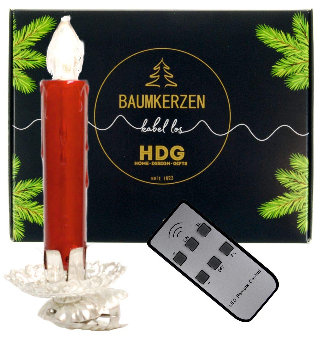 hdg-baumkerzen-kabellos-rot-8er-set-mit-vintage-clip-silber-fernbedienung image 1